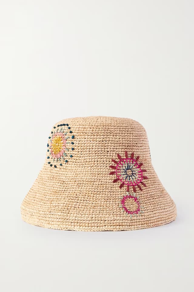 Embroidered raffia bucket hat