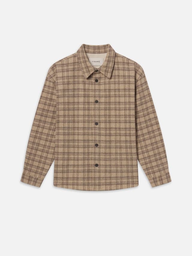 Woolen Plaid Overshirt in Beige Multi