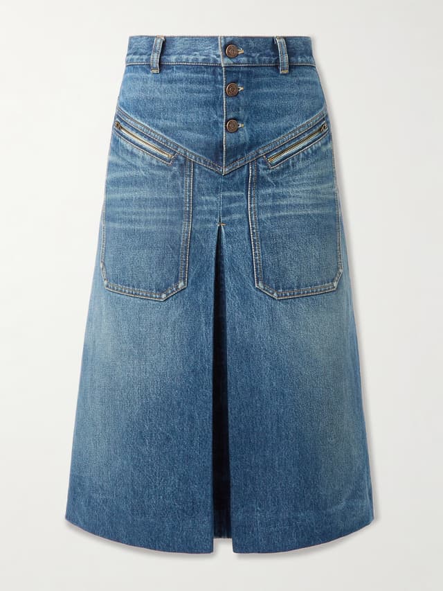 Pleated paneled denim midi skirt
